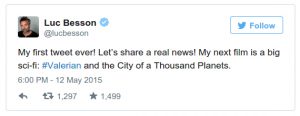 1° tweet di Luc Besson e l'annuncio che Valérian sarà il suo prossimo film